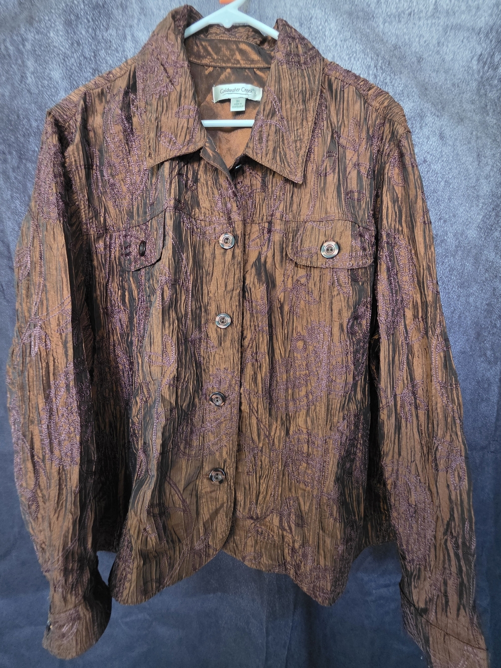 Coldwater Creek 3X Brown Bronze Embroidered Crinkle Jacket Floral